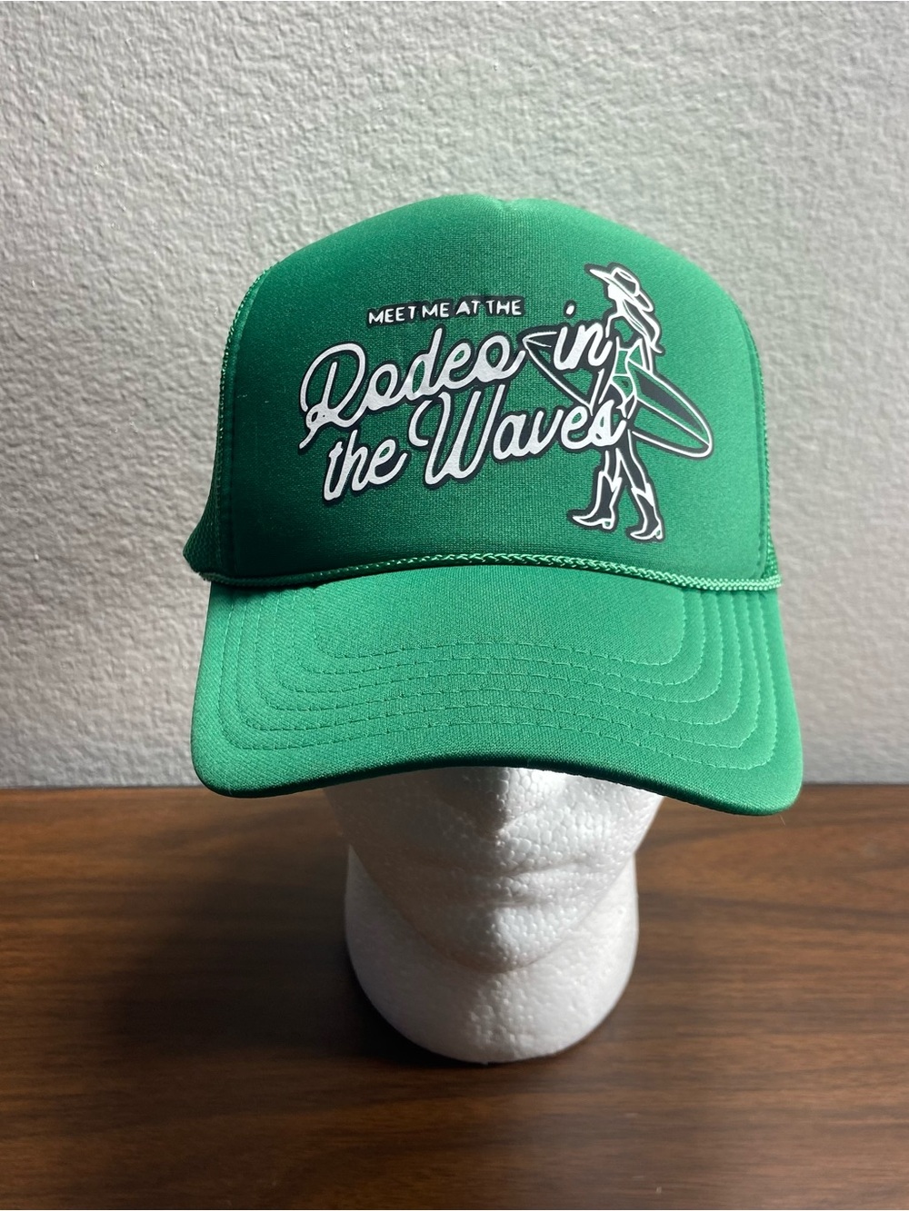 Green "Meet me at the Rodeo in the Waves" Trucker Hat Green Mesh SnapBack